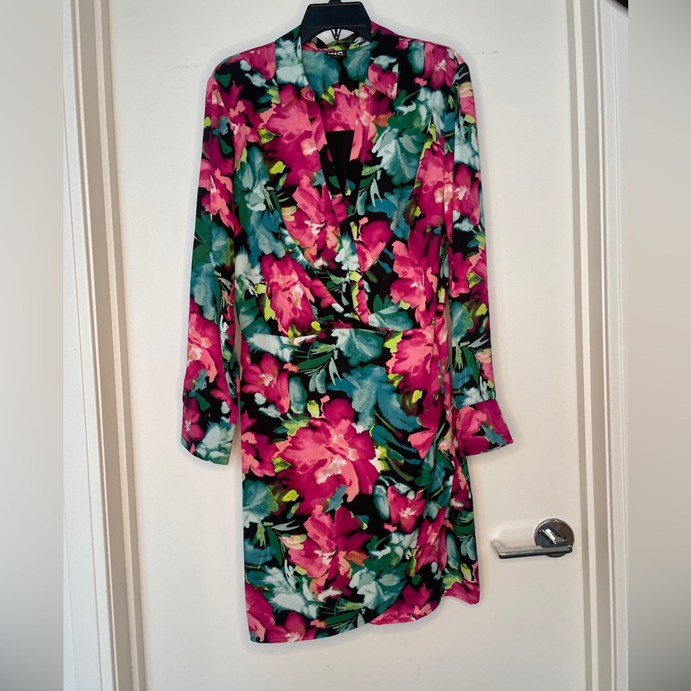 INC International Concepts Pink and Green Floral Long Sleeve Dress